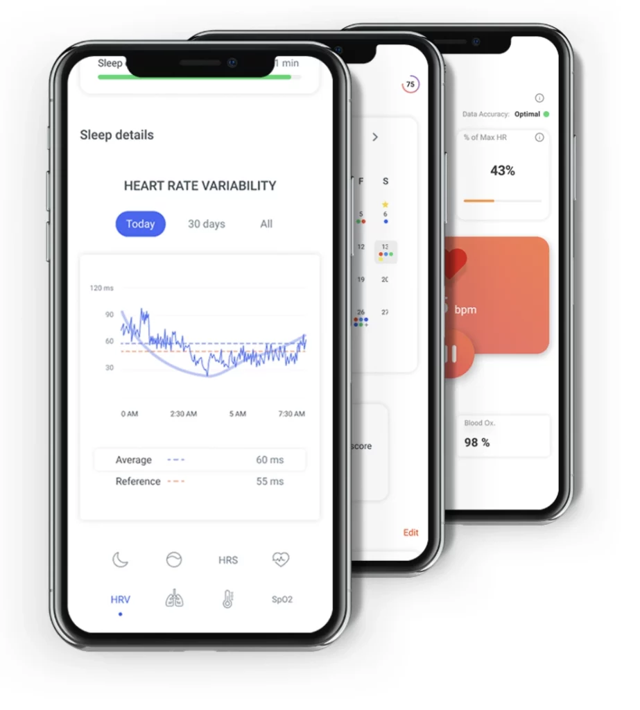 Téléphone allumé avec un exemple d'utilisation de la page application Tech Care, dans la partie rythme cardiaque.
