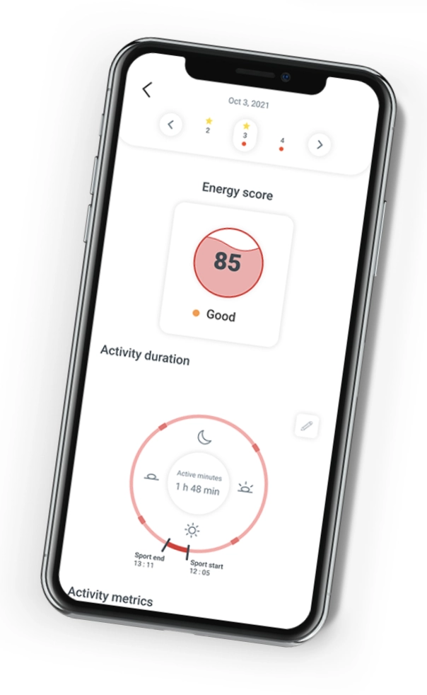 Téléphone allumé avec un exemple d'utilisation de la page application partie analyse d'énergie.