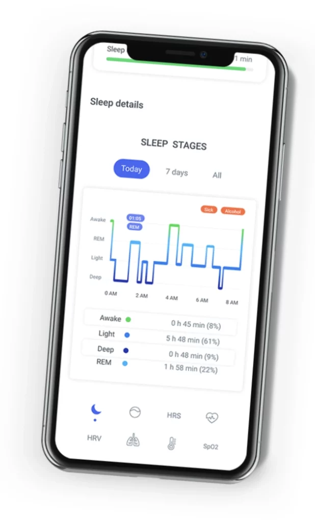 Téléphone allumé avec un exemple d'utilisation de la page application partie gestion du sommeil de Tech Care.