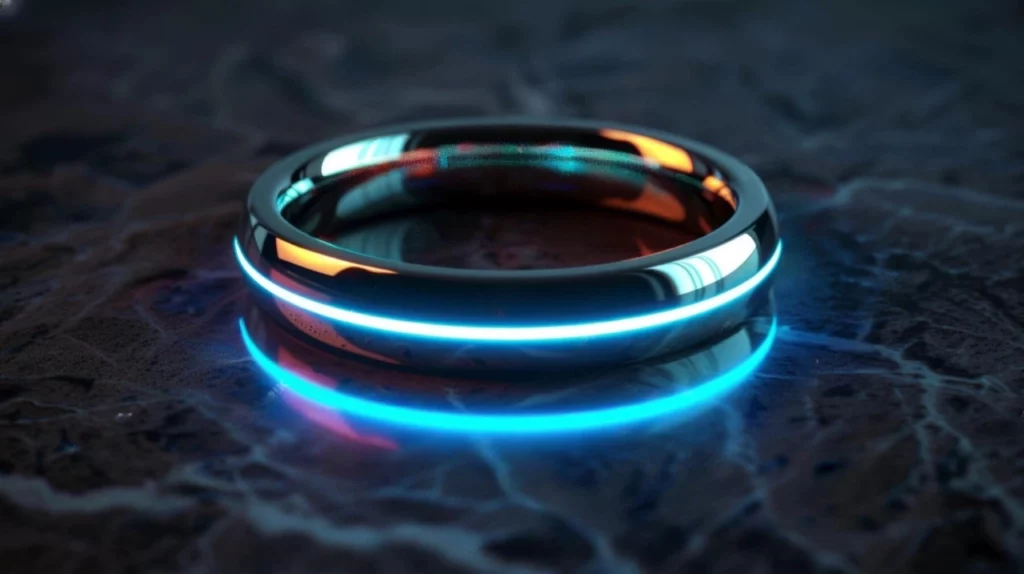 Bague connectée de Tech Care avec néon de couleur bleue au milieu de la bague. Une atmosphère sombre et elle est posé sur du marbre noir. Cette image apparaît aussi sur la page blog.