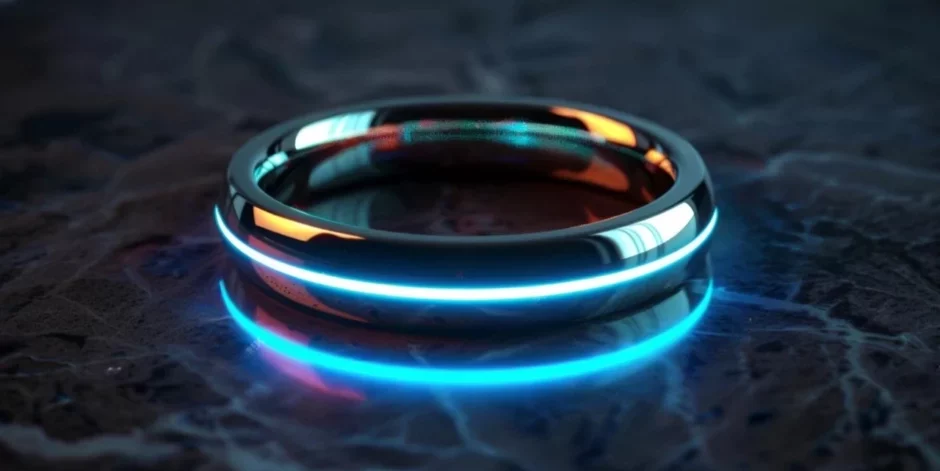 Bague connectée de TechCare avec néon de couleur bleue au milieu de la bague. Une atmosphère sombre et elle est posé sur du marbre noir